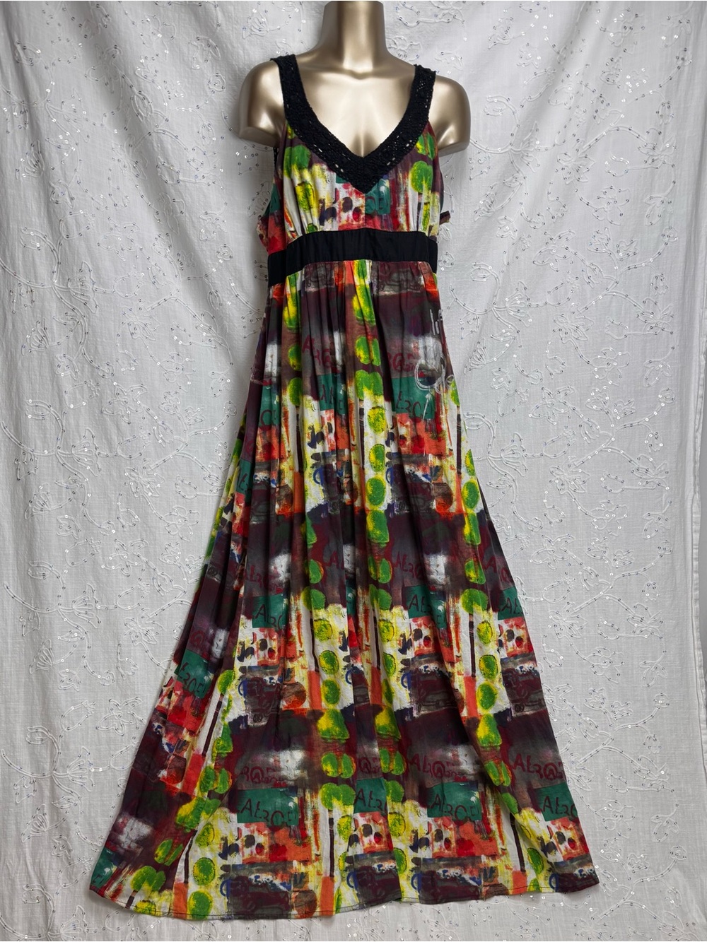 Desigual Art Print Maxi Dress EU 44 | Crochet Trim Empire Waist Boho